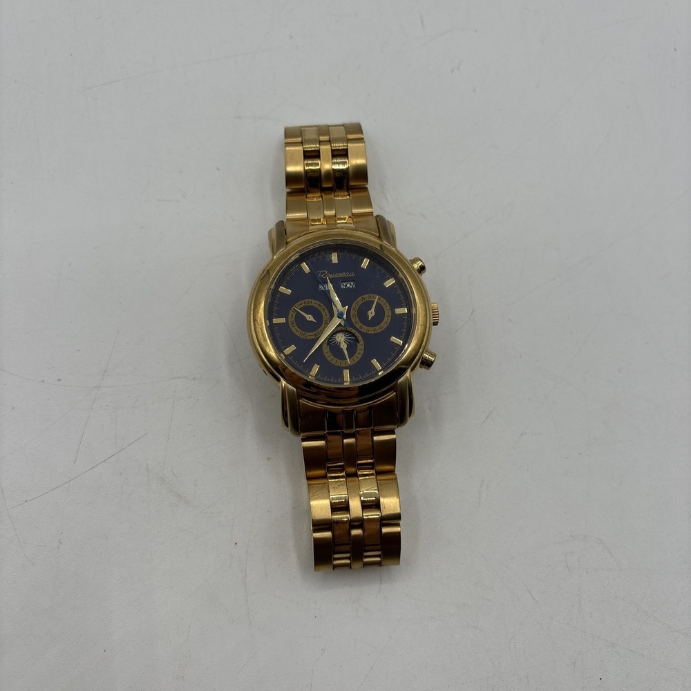 Rousseau R183-809 Gold Stainless Steel Automatic Dress Watch Blue Dial 3 ATM